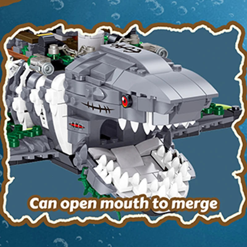 1155PCS Shark Ghost Pirate Ship Building Blocks Fantasy Sea Monster Ship Model Bricks With Light Educational DIY Toy For Adults