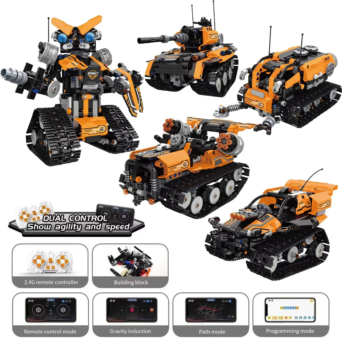 520Pcs 3 in 1 Deformation City RC Robot Excavator Racing Car Building Blocks Remote Control Bulldozer Truck Bricks Toys For Kids