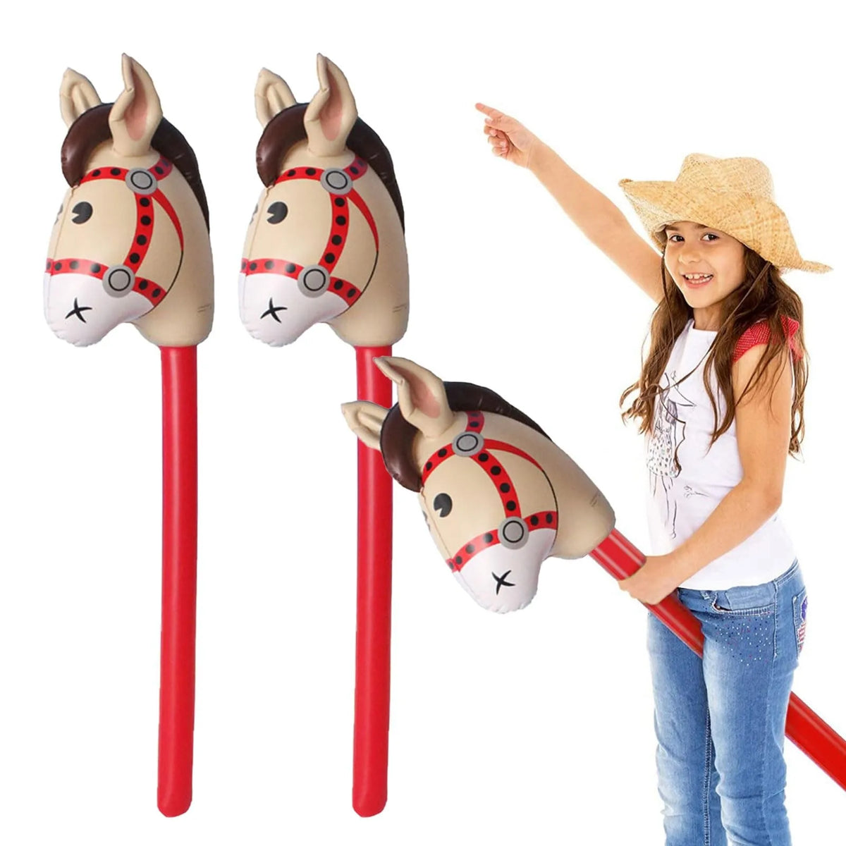 2Pcs Inflatable Horsehead Stick Balloon Cowboy Cowgirl Farm Animal Theme Kids Birthday Party Decoration Fun Creative Play Toy
