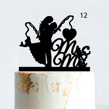Fishing Style Wedding Cake Topper Funny Mr & Mrs Happy Birthday Hooked For Life Happy Retirement Acrylic Wooden Cake Decoration