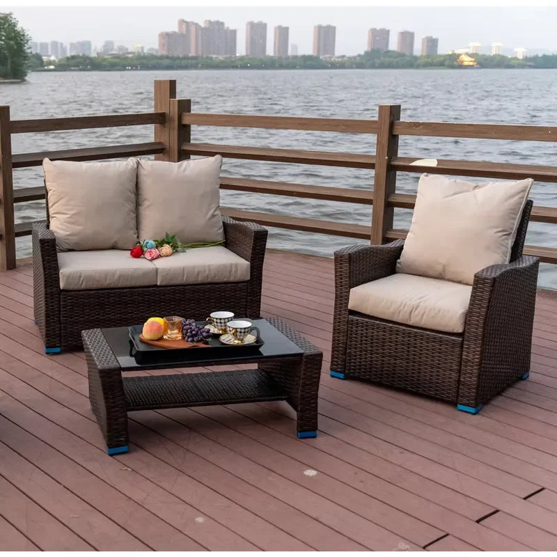 Waterproof European Style Patio Wicker Lounge Sofa Outdoor Conversation Sets Modern Rattan Garden Furniture Hotel Armchairs
