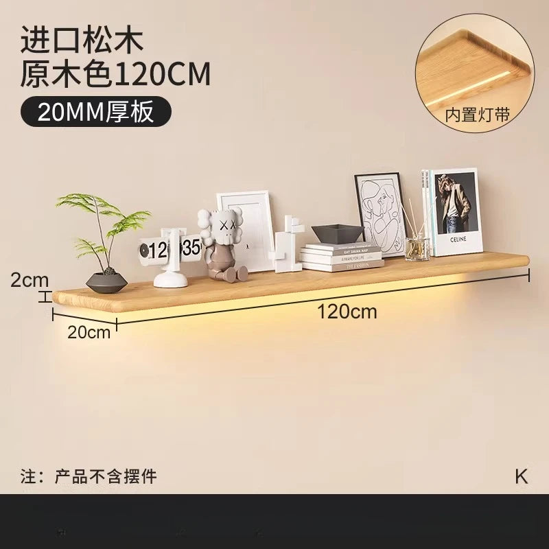 Solid wood luminous laminate wall shelf built-in LED light wall one-word shelf bookshelf honor wall display shelf