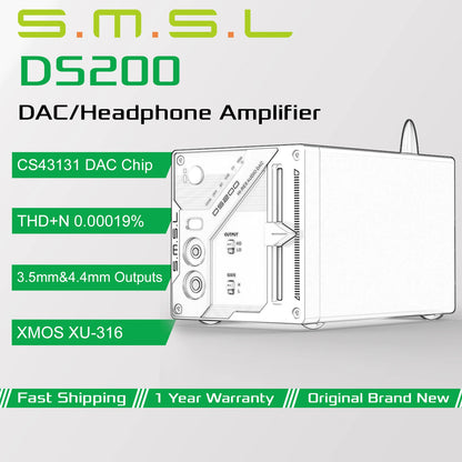 SMSL DS200 Hi-Res Audio Decoder CS43131x2 DAC Chip XU316 MQA USB Optical Coaxial Bluetooth Input 3.5mm 4.4mm Headphone Amplifier