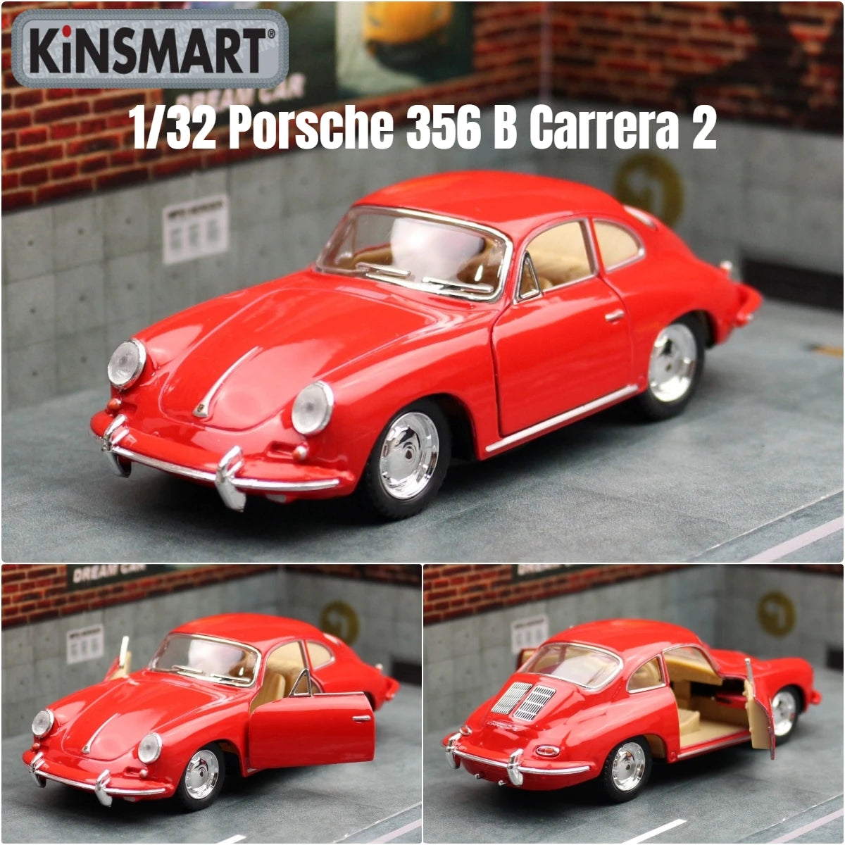 KiNSMART Toy Car Model 1/32 Porsche 356 B Carrera 2 Classical Diecast Miniature Vehicle Collection Gift For Children Boys Kid