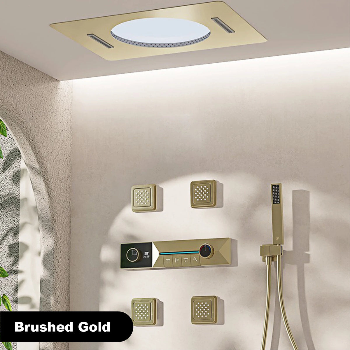 Gunmetal Gray Ceiling Mounted 4-Function Waterfall Shower System with Embedded Brass Thermostatic LED Display Body for Bathroom