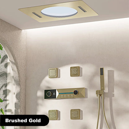 Gunmetal Gray Ceiling Mounted 4-Function Waterfall Shower System with Embedded Brass Thermostatic LED Display Body for Bathroom