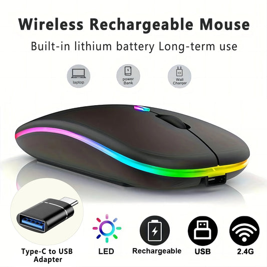 Wireless Rechargeable Mouse With LED Backlight  Bluetooth With Type-C Adapter Gaming Mouse Suitable For MAC/Laptop/PC/Windows