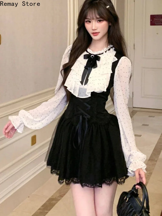 Summer New Sexy  Lace 2 Piece Set Vintage Design Halter Neck Y2k Tops + Puff Mini Skirt Female Elegant French Chic Retro Outfits