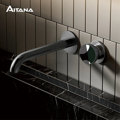Modern luxury gun gray brass bathroom faucet with wall mounted design, cold and hot dual control, simple basin faucet