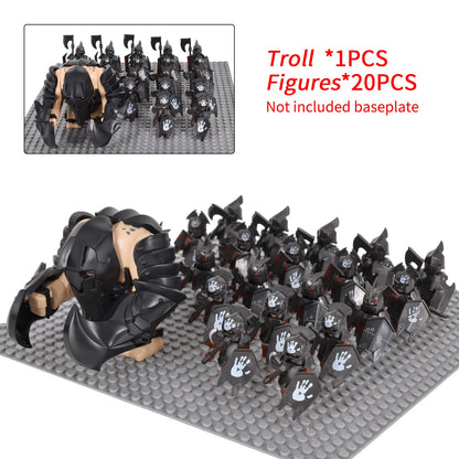 Orc Warrior Block Figures Set, Giant Troll Monster + 20Pcs Armored Soldier Models, Fantasy Army Building Bricks, Detailed Armor
