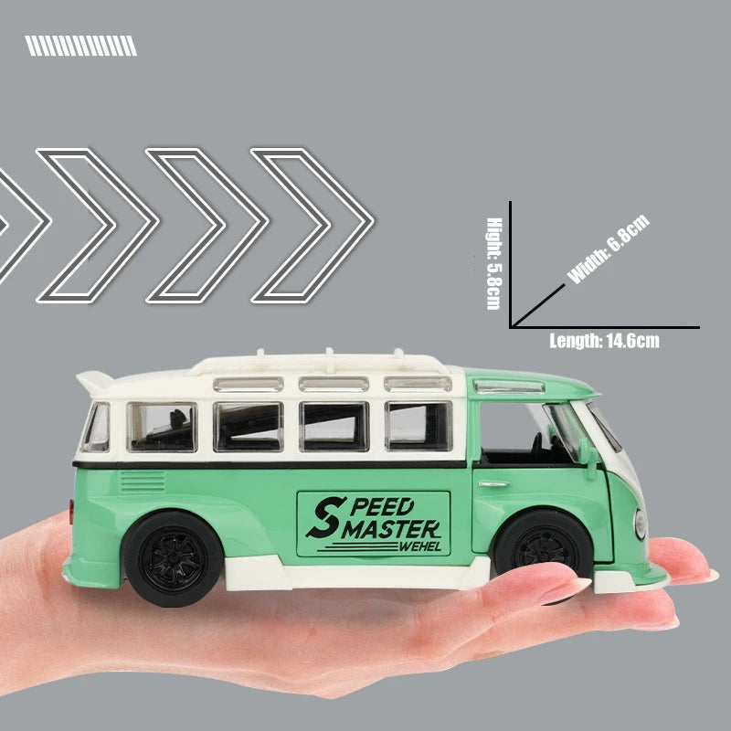 1/32 Volkswagen T1 Minibus Samba JDP Modified Toy Car For Children Diecast Miniature Model Sound & Light Collection Gift Boys