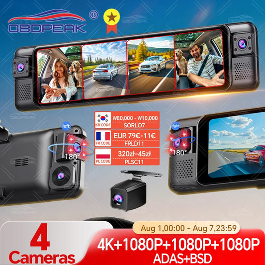 D80 4 Channel 360° 4K Dash Cam ADAS BSD Rearview Mirror Camera Front Rear Left Right WIFI Night Vision 24H Park MonitorCar DVR