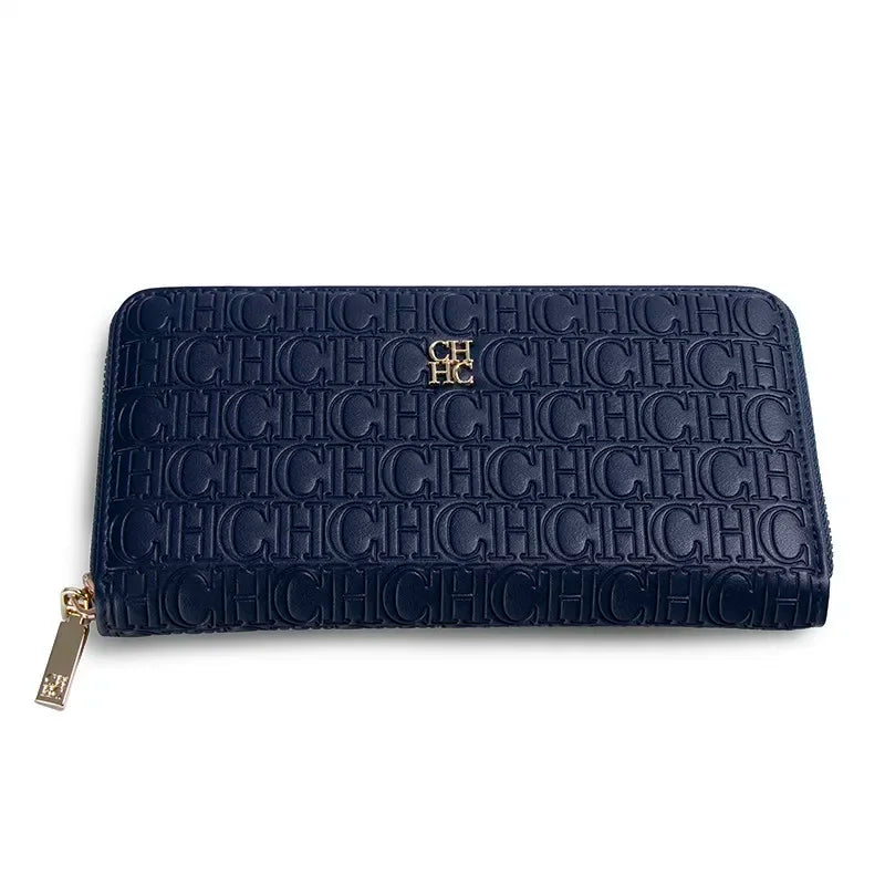 CH Elegant Embossed Zipper Wallet Brand Gold Micro Logo Multi-Card Slots Zipper Compartment Leather Clutch Wallet