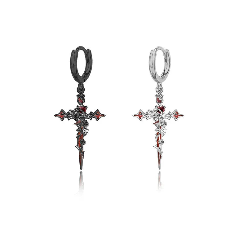 Punk Thorn Rose Cross Earrings Sweet Cool Dark Style Earring Pendant Necklace Party Halloween Jewelry