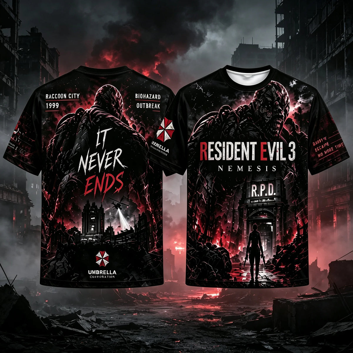 Resident Evil 3 Nemesis Graphic T-Shirt Black Red Horror Print Short Sleeve Tee