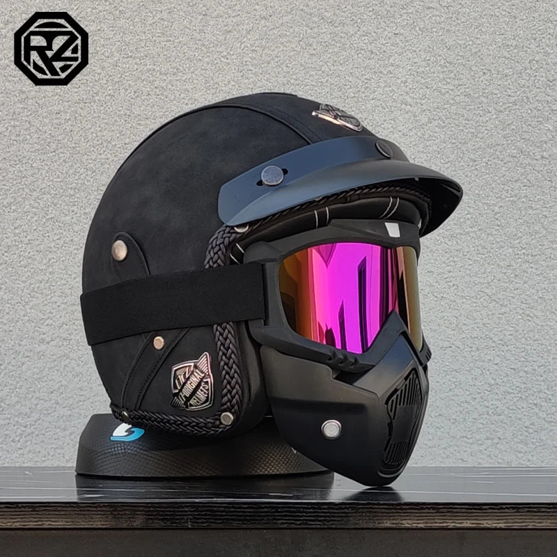 ORZ New PU Leather 3/4 Retro Cruising Motorcycle Helmet Summer Scooter Half Helmet with Mask Windshield DOT Approval