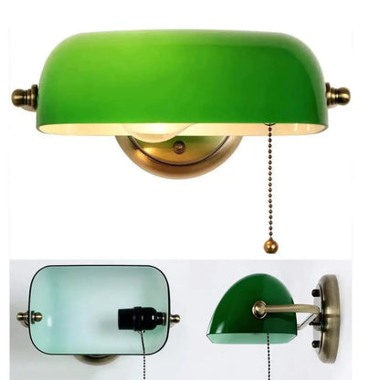 Green Glass Bankers Lamp Shade Adjustable Wall Light with Pull Chain Switch Hard Wired for Bedroom Sconce Fixture