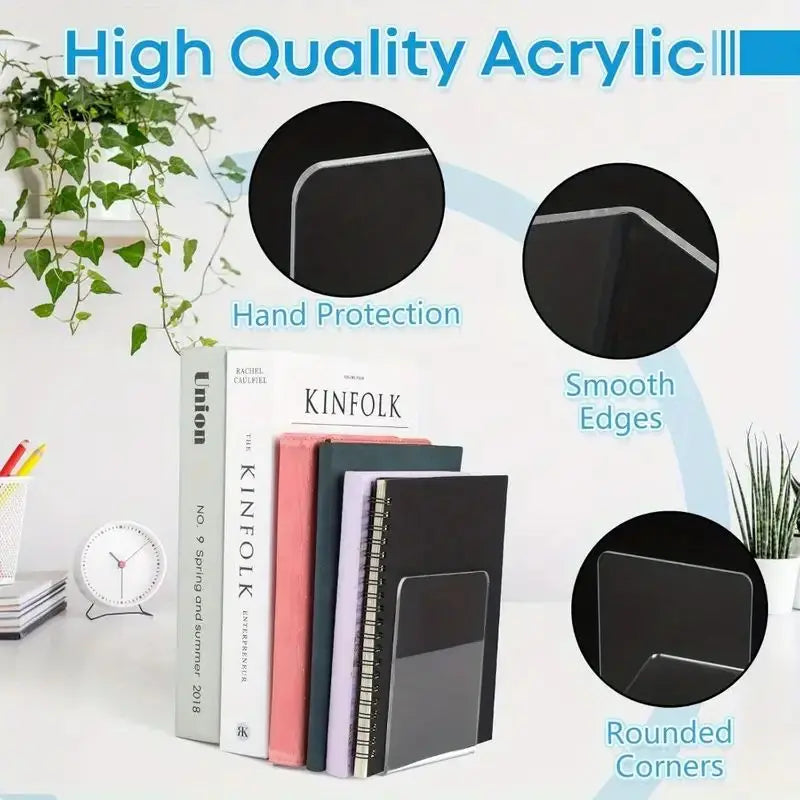 8 Pieces Bookends,Clear Bookends for Shelves,Heavy Duty Book Ends andDesktop Organizer,Book Stopper for Books/Movies/CD