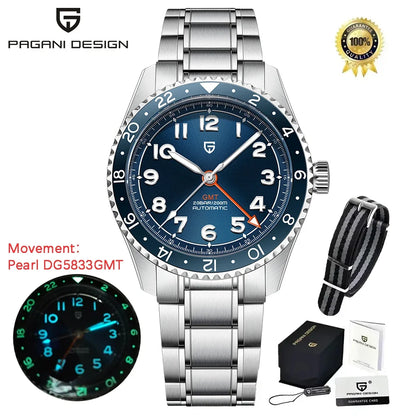 PAGANI DESIGN GMT Automatic Watch For Men 40MM Vintage Dial Sapphire 200M Waterproof Luminous Stainless Mechanical Wristwatch