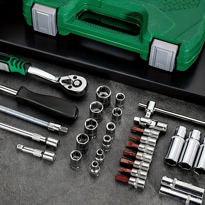 46pcs Set 1/4 Inch Drive Socket Ratchet Wrench Set, With Bit Socket Set Metric And Extension Bar For Auto Repairing
