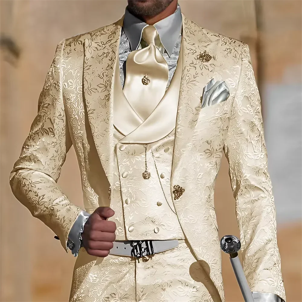 White Floral Jacquard Men's Wedding Suit 3pcs Jacket Vest Pants Slim Wear for Groom Dinner Party Custom Tuxedo
