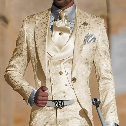White Floral Jacquard Men's Wedding Suit 3pcs Jacket Vest Pants Slim Wear for Groom Dinner Party Custom Tuxedo