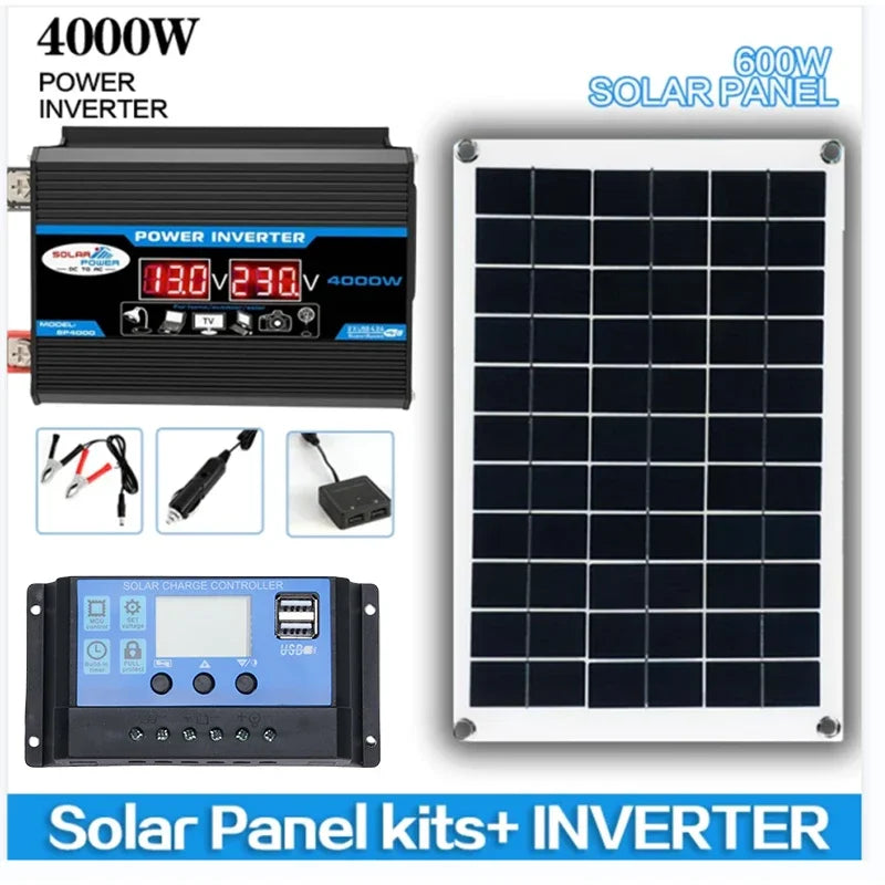 6000W Solar Inverter Kit 600W Solar Panel 12V Battery Charging Controller Complete Power Generation System 110V 220V Home