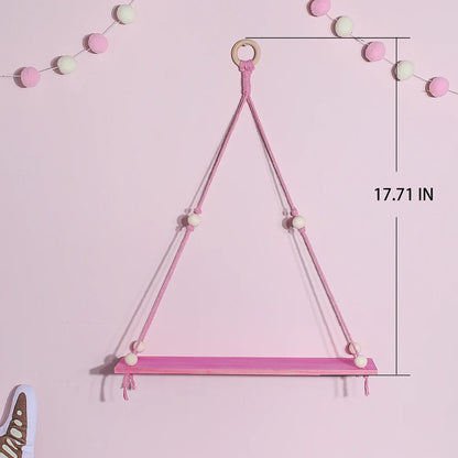 1/2-Tier Pink Hemp Rope Wooden Plant Flower Pot Tray Display Stand Storage Rack Wall Shelves Floating Wall Shelf Home Decoration