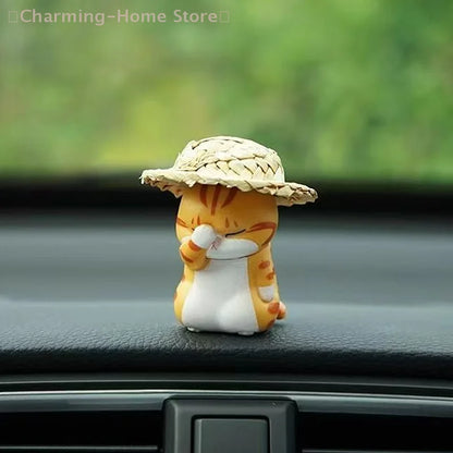 【M】Car Pendant Cute Straw Hat Cat Ornaments Car Rearview Mirror Pendant Interior Decoration Accessories Girls Gift