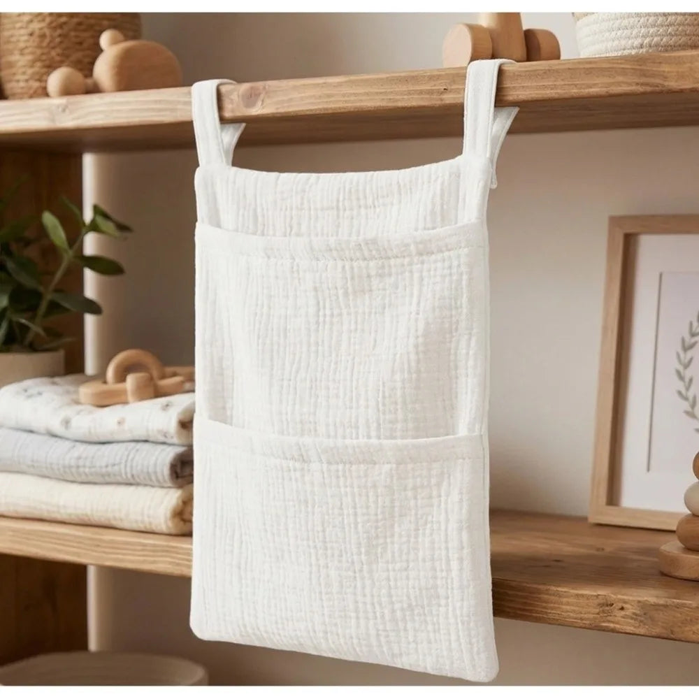 Pure Cotton Baby Crib Hanging Bag Large Capacity Solid Color Stroller Storage Bag Multifunctional 2 Pockets Diapers Organizer