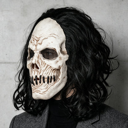 Black Long-Haired Skull Mask, Perfect for Holiday Parties, Halloween Pranks, Masquerade Balls, and Carnival Parties, Made of Latex
