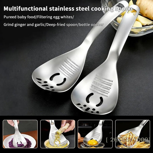 ⚑Multifunctional Stainless Steel Cooking Spoon,5-in-1 Kitchen Tool with Grater, Strainer,Masher & Bottle Opener