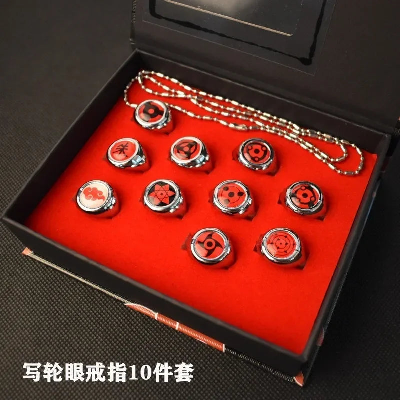 10pcs Naruto Akatsuki Sasuke Metal Rings Set Metal Necklaces Pendants Cosplay Action Figure Accessories Gift Kids Toys