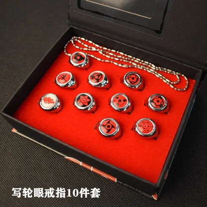 10pcs Naruto Akatsuki Sasuke Metal Rings Set Metal Necklaces Pendants Cosplay Action Figure Accessories Gift Kids Toys