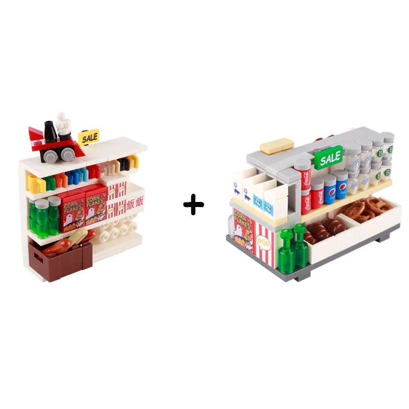 MOC City Supermarket Shop Store Building Blocks Street View Drink Food Vegetable Food Accessories Dessert Blocks Printed Bricks