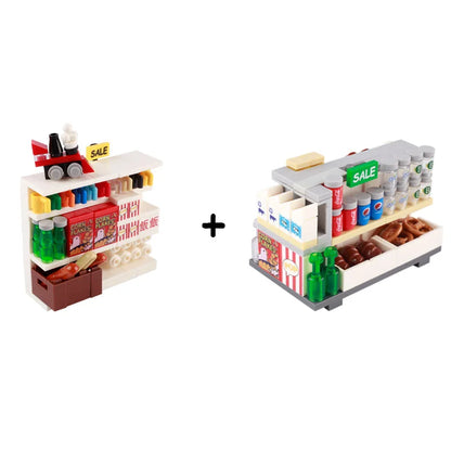 MOC City Supermarket Shop Store Building Blocks Street View Drink Food Vegetable Food Accessories Dessert Blocks Printed Bricks