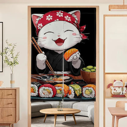 VIKAMA Cartoon Japanese-Style Food Cat Door Curtain, Hand-Painted Salmon Print Half-Door Curtain, Kitchen Divider and Home Decor
