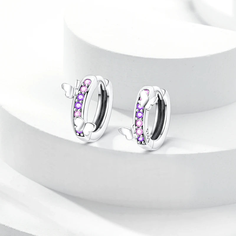 Original 925 Sterling Silver Earrings Sparkling Shining Dreamy Butterfly Hoop Earring for Women Girl Party Birthday Jewelry Gift