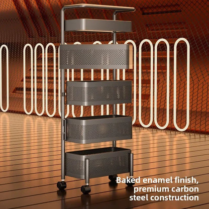 Rotating Kitchen Storage Cart Multi-Tier Basket for Vegetables Snacks Space Saving Corner Pantry Shelf Mobile Metal Mesh Trolley