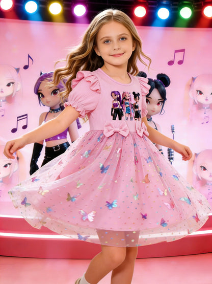 Girls' dress with sweet and cool girl group prints + double bows at the waist, puff sleeves, and a pink princess dress