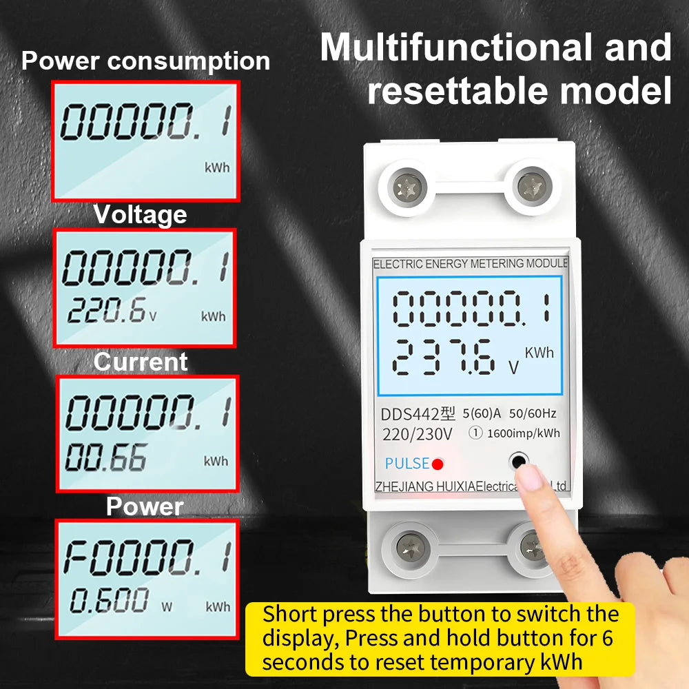 GTRIC Energy Meter 2P Single Phase Voltage Current Power Consumption Meter Wattmeter LCD Digital Display DIN Rail 230VAC 80A