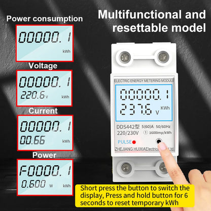 GTRIC Energy Meter 2P Single Phase Voltage Current Power Consumption Meter Wattmeter LCD Digital Display DIN Rail 230VAC 80A