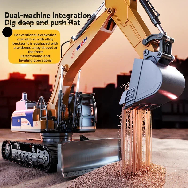 Large Alloy RC Excavator Remote Control Construction Vehicle with Operation Console, LED Light, 680° Rotation, Digger Truck Toy