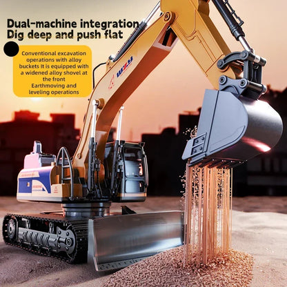 Large Alloy RC Excavator Remote Control Construction Vehicle with Operation Console, LED Light, 680° Rotation, Digger Truck Toy