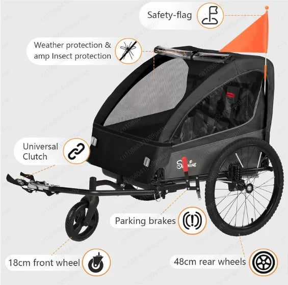 BT920 Child Bike Trailer Double Seat Max 88lbs Foldable Compact Storage Jogging Stroller Mode With Handbrake