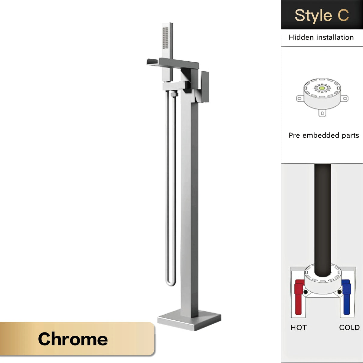 AITANA Luxury Black Brass Floor Standing Bathroom Faucet with Waterfall Water Outlet Design, Hot and Cold Bathtub Mixer