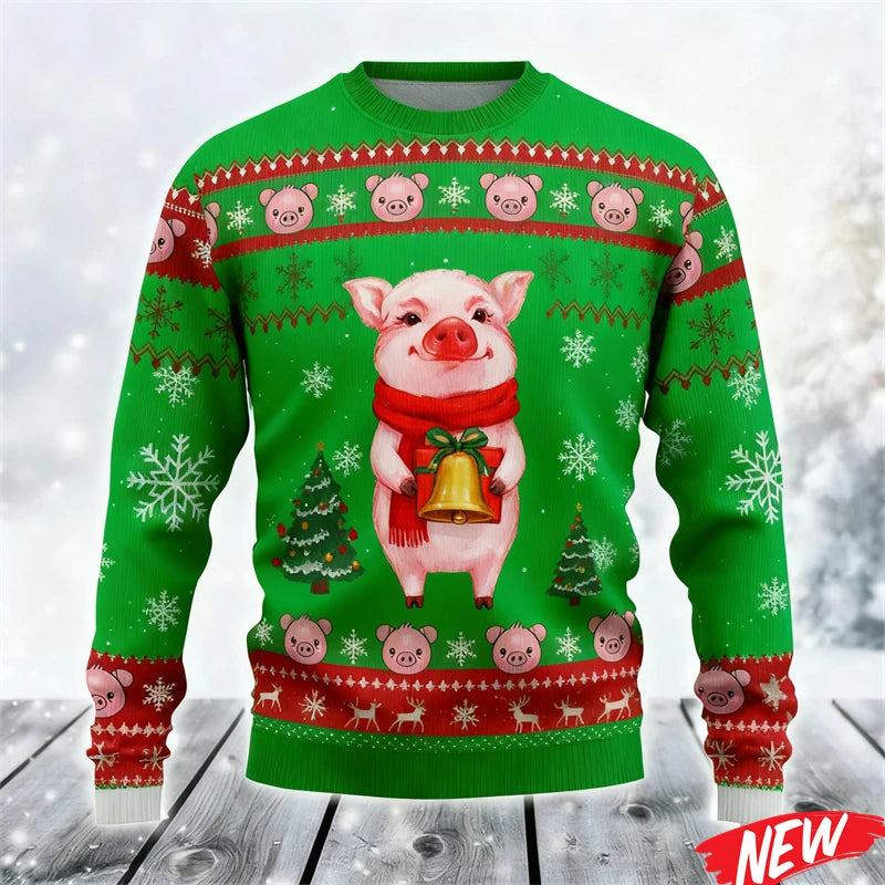 2026 Ugly Christmas Sweater For Men Cute Animal Pig Pattern Oversized Sweatshirt Family New Year Holiday Round Neck Hoodie