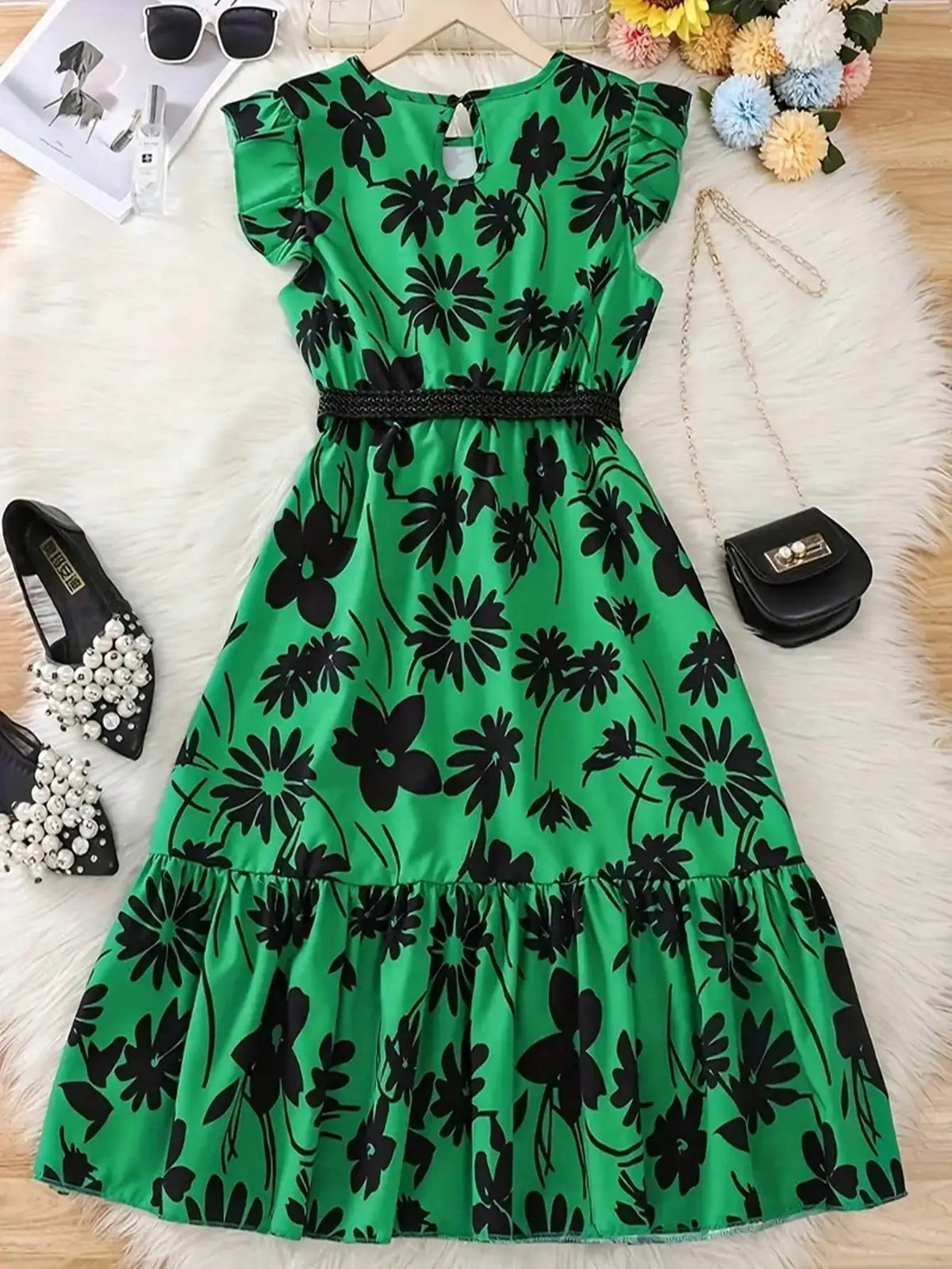 Chic teenage girl green floral long skirt with belt - casual round neck ruffle sleeves, perfect for summer, teenage jumpsuit