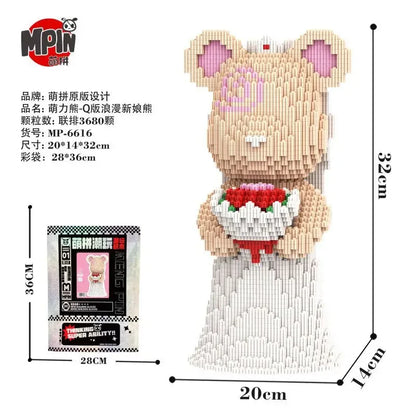 Weeding Bear Building Block Art Cake Bear Eternal Heart Bouquet Bear Ornament DIY Assembly Mini Brick Figure for Birthday Gift