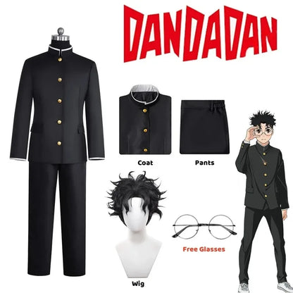 Ken Takakura Cosplay Costume Wig Anime Dandadan Okarun School Uniform Black Jacket Pants Gakuran Glasses Halloween Party Men